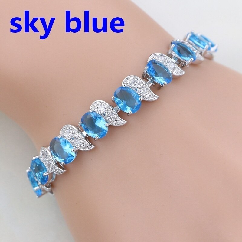 Klassieke Rode Granaat Wit Zirconia Charm 925 Sterling Zilveren Ketting Link Armband Voor Vrouwen Gratis Box: Sky Blue