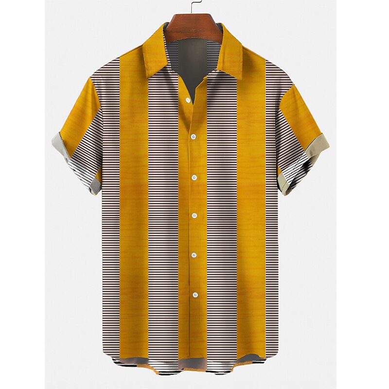 Zomer Shirts Voor Mannen Geel Gestreepte 3d Digital Printing Trend Losse Korte Mouwen Heren Shirts Top
