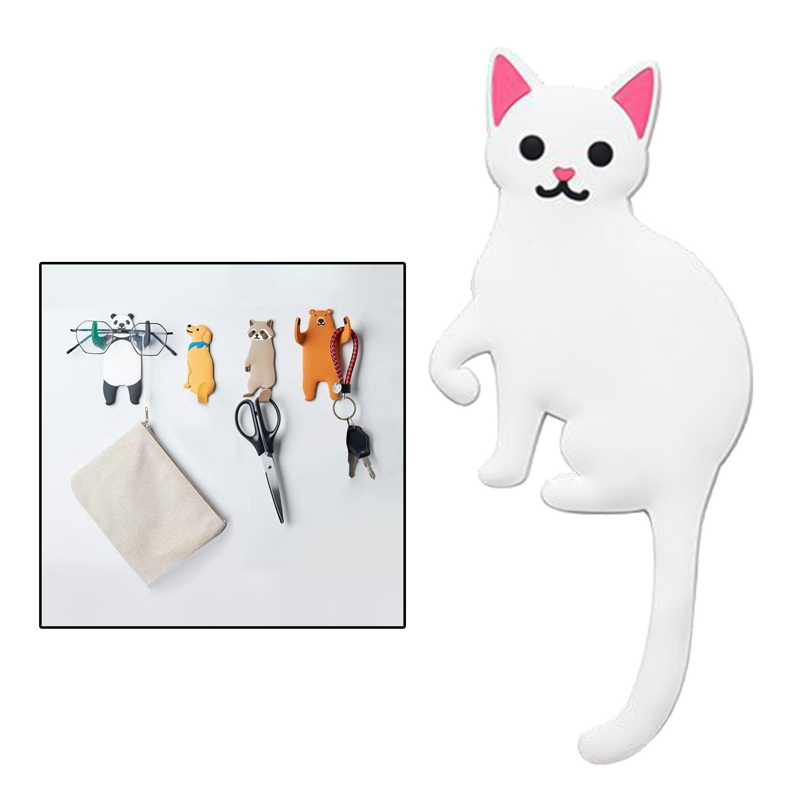 Leuke Cartoon Dier Muur Haak Creatieve Dier Haak Badkamer Keuken Haak Zelfklevende Sleutel Haken Voor Muur Home Decor Ambachten: White Cat