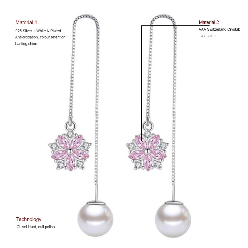 Europe and America 925 Sterling Silver Crystal Flower Pearl Tassel Dangle Earrings for Women Girls Earring Jewelry LY051