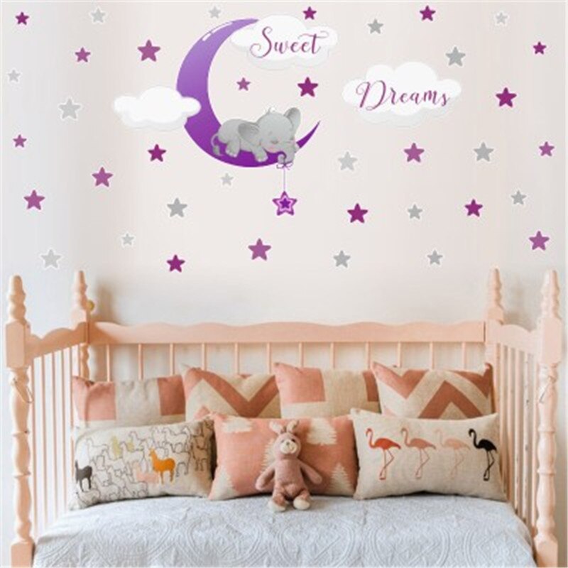 Éléphant lune étoiles doux rêve Stickers muraux pour enfants chambre décor à la maison fille chambre autocollants décoratifs bébé chambre décalcomanie autocollants