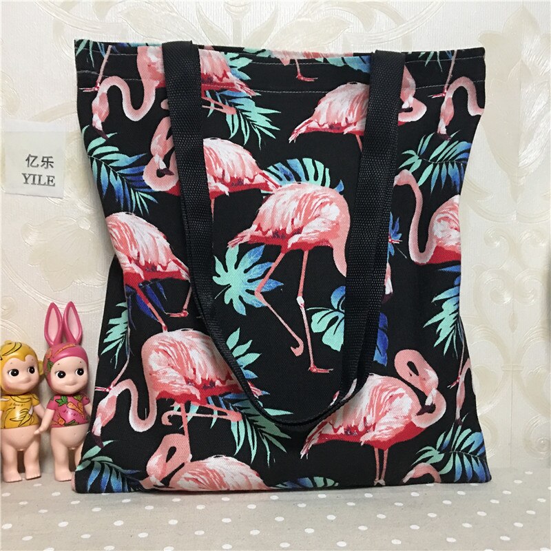 YILE Cotton Canvas Eco Shopping Tote Shoulder Bag Flamingo Green Leaf Black Polyester Strap L18 f