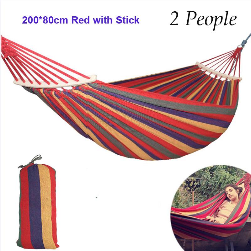 1/2 Mensen Sterke Outdoor Picknick Tuin Hangmat Draagbare Reizen Camping Hangen Bed Schommel Canvas Streep Hangen Bed Meubelen Hangmat: Red 200X80cm Stick