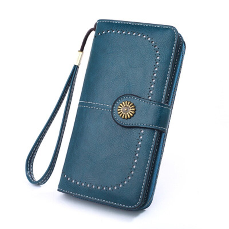 Damen-geldbörse aus gewachstem leder im retro-stil mit langem reißverschluss, handytasche, kartenetui und handtasche.: Blau
