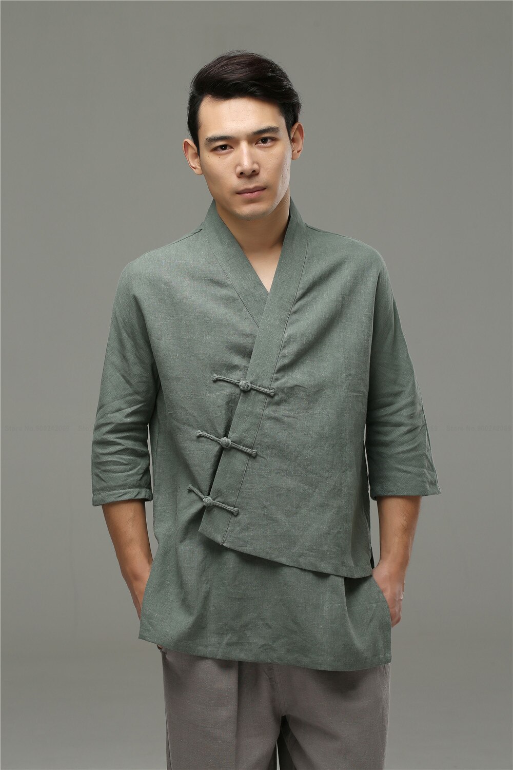 Camisa de estilo tradicional chino para hombre, ropa suelta de lino, informal, étnico, Hanfu, Túnica, Té Zen, Kung Fu, blusa Retro antigua: Green Tops / XL