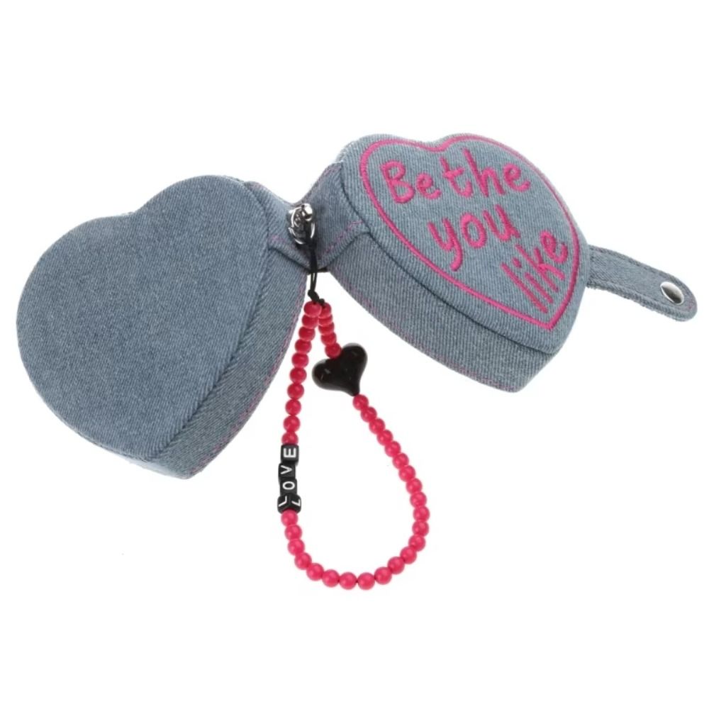 Draagbaar hartvormig sieradendoosje in retrostijl met geborduurde details, cosmetische tas in effen kleur met bandje, sieradenhouder