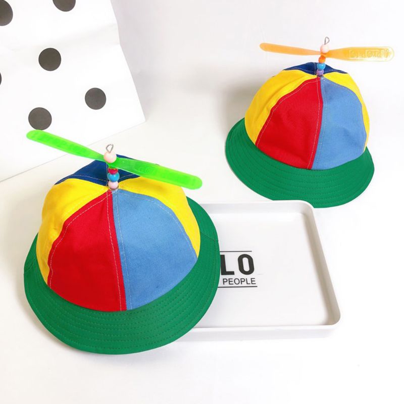 Barn barn bomull helikopter propeller hink keps färg block lapptäcke slända pärlstav sommar solskydd fiskare hatt