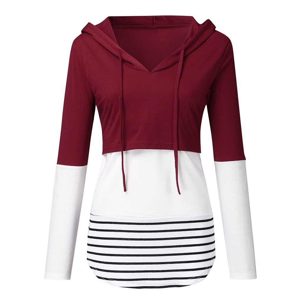 Maternity Nursing Hoodie Women Maternity Long Sleeve Striped Hoodie Nursing Sweatshirts For Breastfeeding беременная: Red / XL
