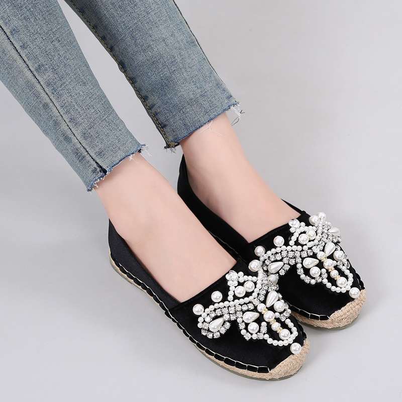 Espadrilles perlées perles décoration oxfords appartements dames or velours cristal pêcheur chaussures grande taille paille tricot creepers