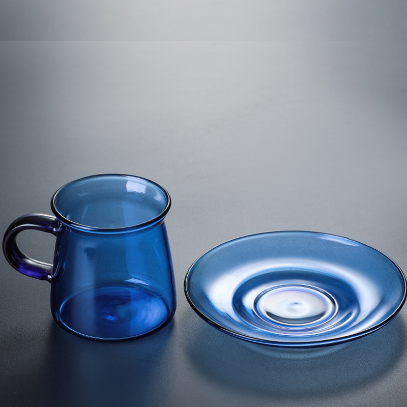 Ins färg värmebeständigt glas med handtag kaffekopp mjölkkopp vattenkopp frukostkopp med tallrik bärnstensblå