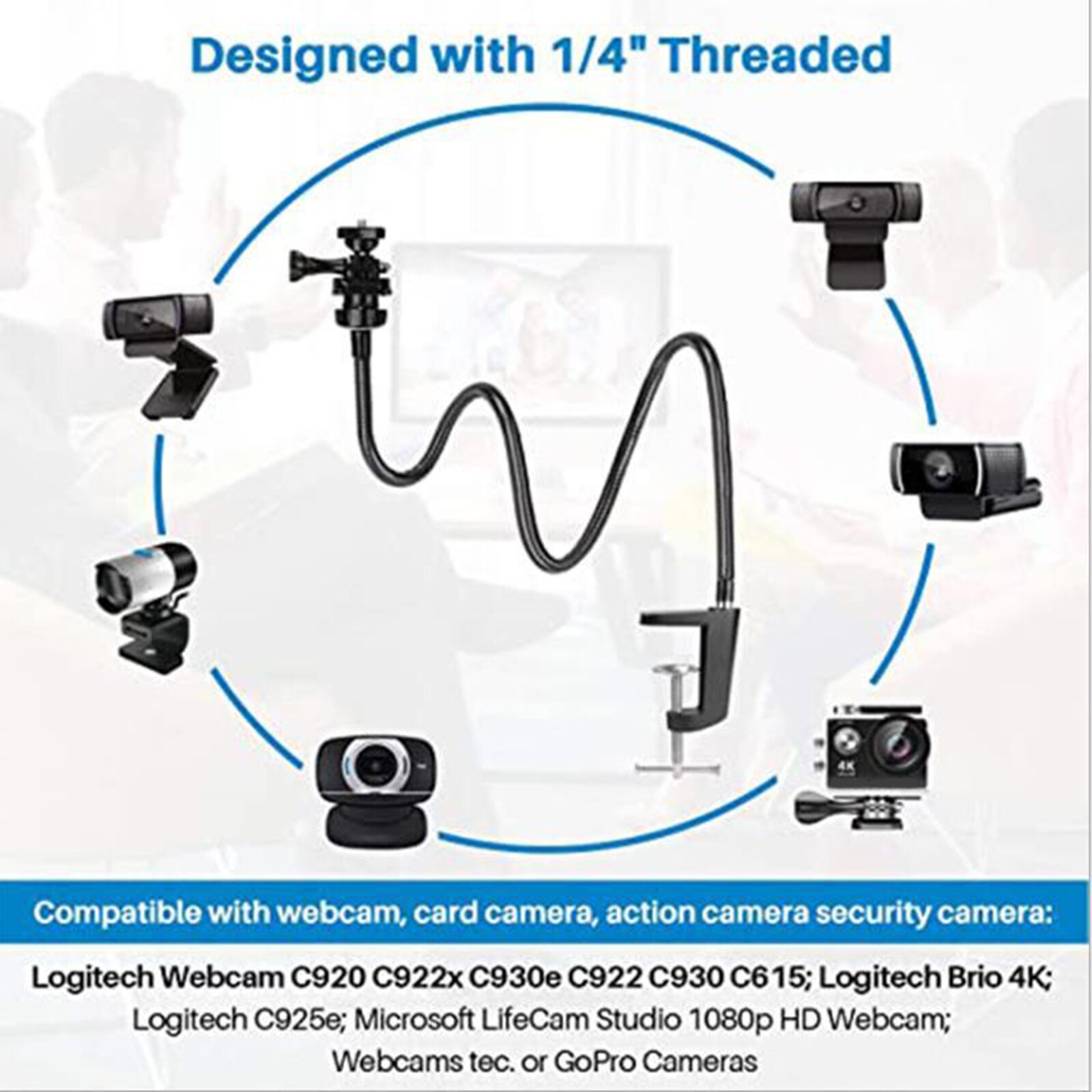 Bureau réglable Webcam Support Caméra Téléphone Support De Téléphone Portable Pour Logitech 360 ° Bras Flexible Support de Bureau Avec pince 1/4 fileté