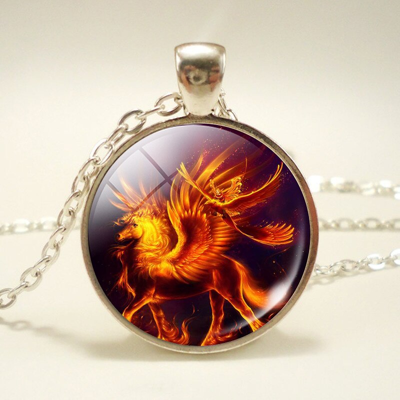 NPKDS di Modo Nuovo Collana In Lega di Zinco di Vetro Del Pendente Rotondo. Unicorn Tempo Gioiello Della Catena Del Maglione Preferito Regalo Di Compleanno: Flame Unicorn