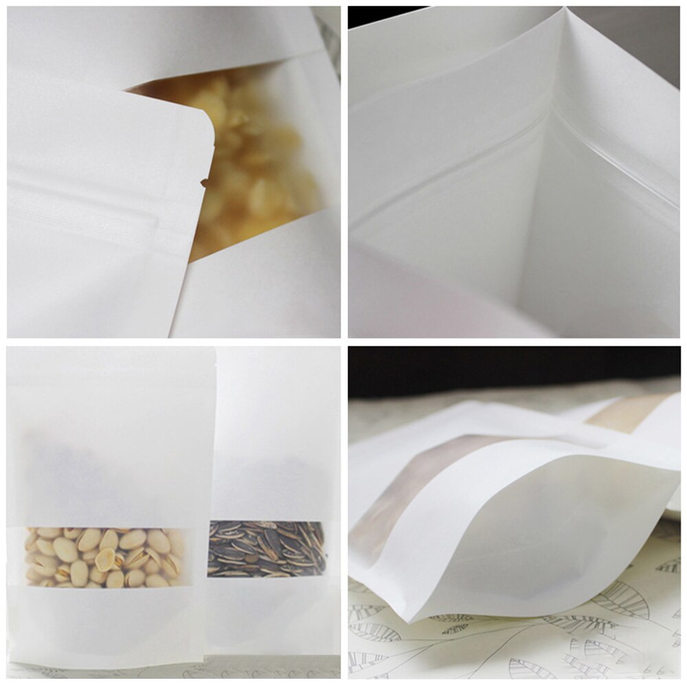50pcs White Kraft Paper Bags Stand Up Zipper/zip Lock Candy Tea Dried Fruit Packaging Moisture-proof Open Window Pouch