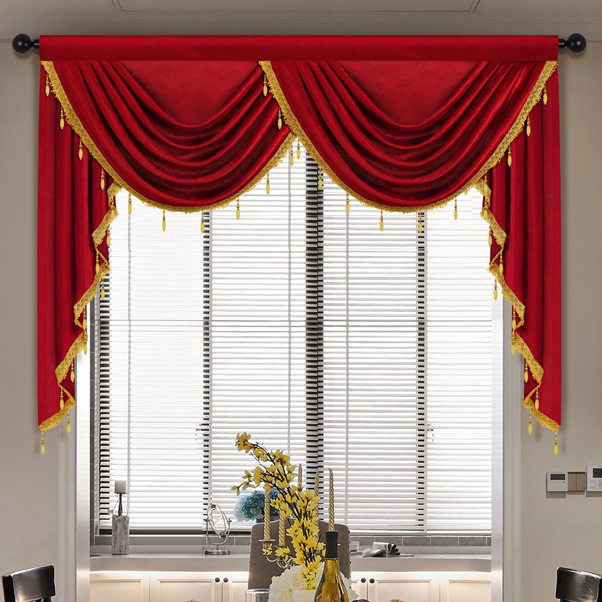 Rideau de cantonnière en tissu velours de style européen, cantonnière en tissu velours italien pour la décoration intérieure, poche la plus récente, divers documents au choix, cascade, 1PC: Rouge
