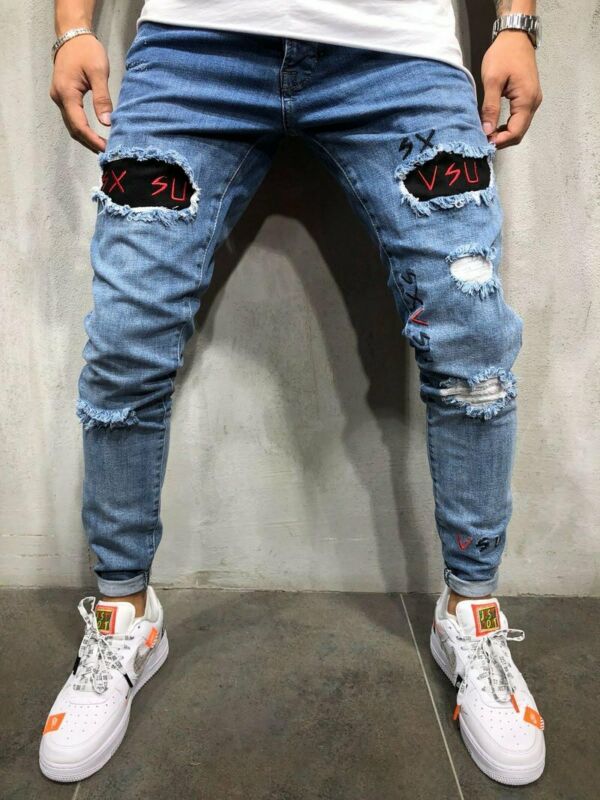 De los hombres de la es Ripped Skinny Jeans destruidos deshilachado Slim Fit pantalones de mezclilla Pantalones