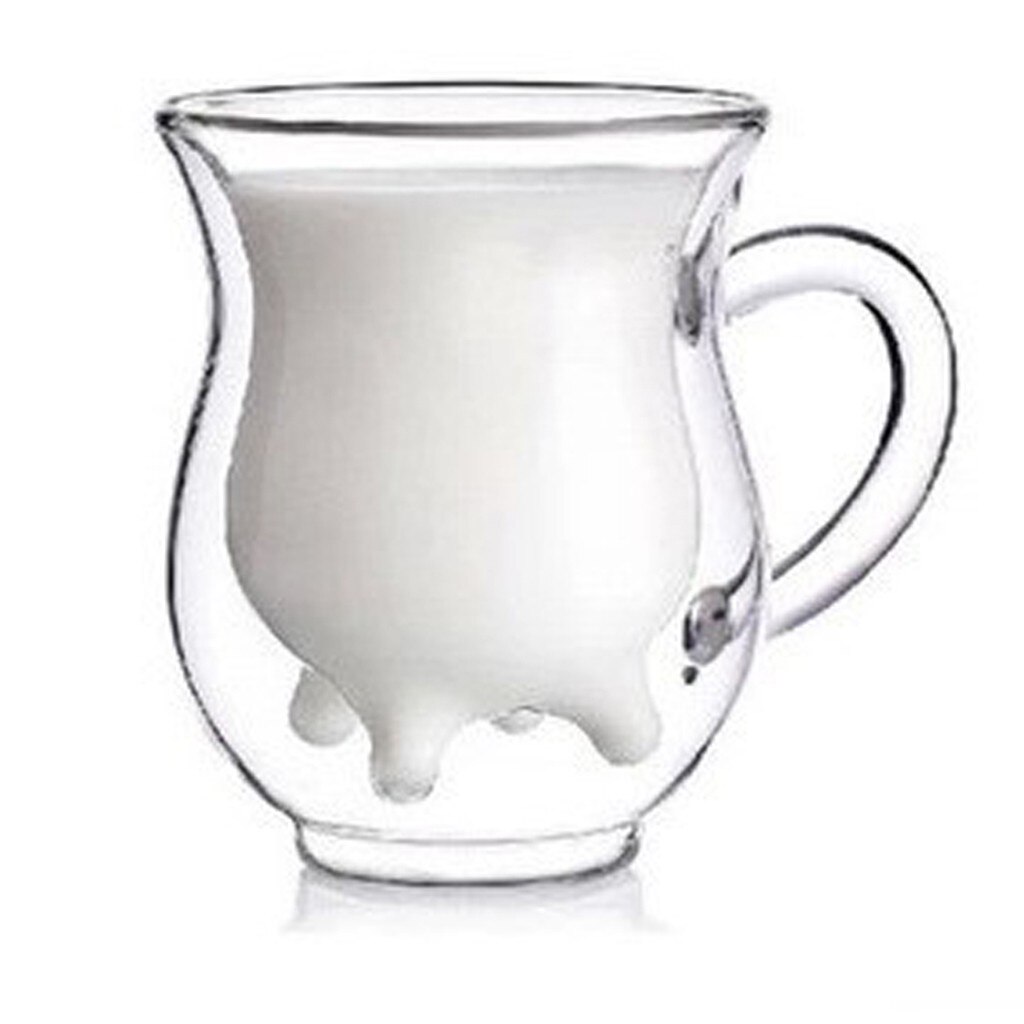 Vaca ubre forma Doble transparente de leche de vidrio taza para té y café manija de la taza de Scald de prevención lindo de vidrio doble taza redonda Drinkingcup