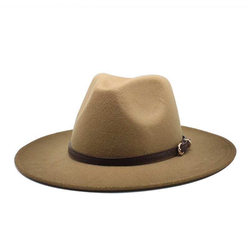 Two-color gradient Wool Felt Fedora Hats with Thin Belt Buckle Men Women Large Brim Panama Trilby Jazz Cap: khaki