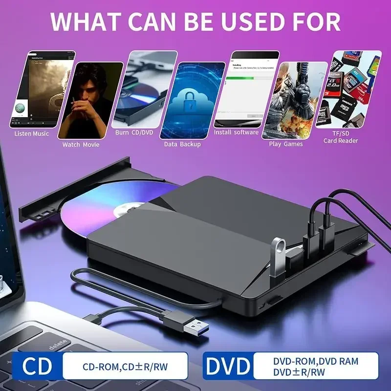 Portable DVD Drive 7-in-1 USB 3.0 Type-C External RW CD Burner Drive Burner Reader Player Optical Drives For Laptop PC Netbook