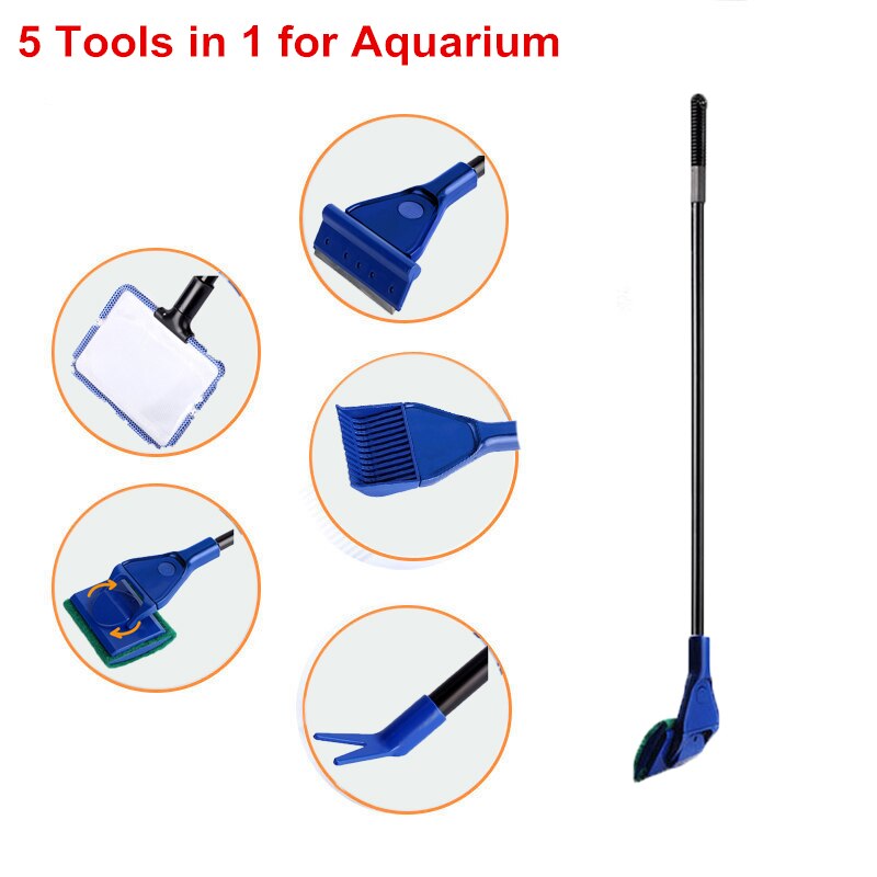 5 in 1 Aquarium Cleaning Tools Net Fish Gravel Rake Algae Scraper Sponge Fork Brush Glass Cleaning Tool