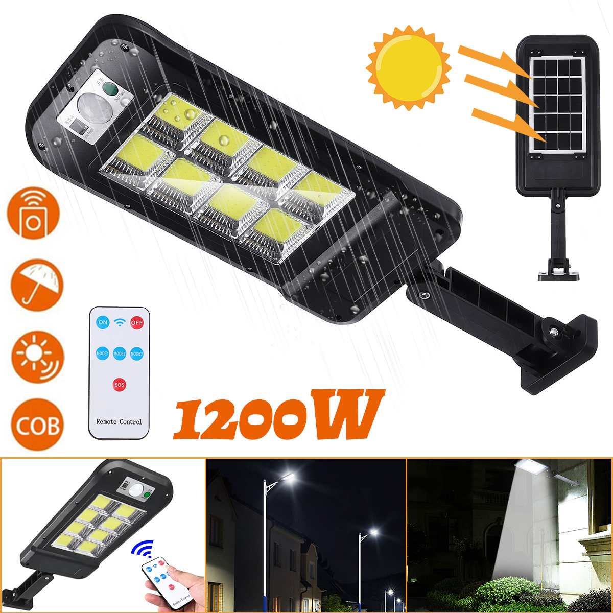 1200W Powerful Remote Control 160COB LED Solar Light PIR Motion Sensor Outdoor Solar LED Lamp Waterproof Garden Wall Street Lamp
