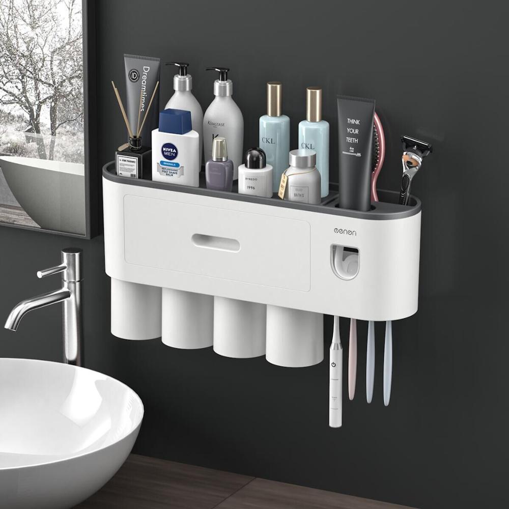 Toothbrush Holder Wall Automatic Toothpaste Squeezer Dispenser Magnetic Adsorption Inverted Cup Storage Rack Bathroom Accessorie