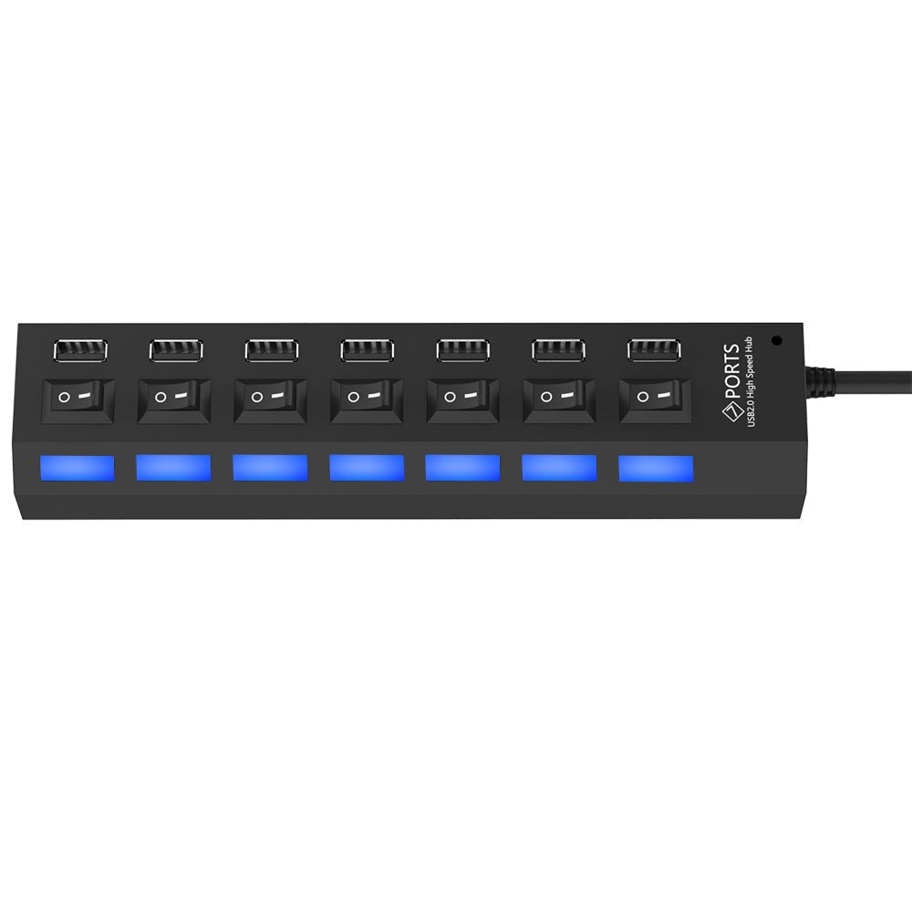 7 Port Micro Usb Hub 2.0 Usb Splitter Voor Tablet Laptop Computer Notebook Hoge Snelheid 480Mbps Usb 2.0 Hub led Met Aan/Uit Schakelaar: Black