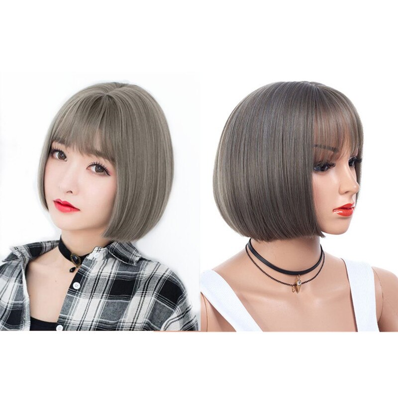 Hywamply, pelucas de Bob corto con clase de 14 "con flequillo, negro, marrón, aspecto sintético Natural, pelucas de mujer, uso diario, peluca de pelo liso: mix color