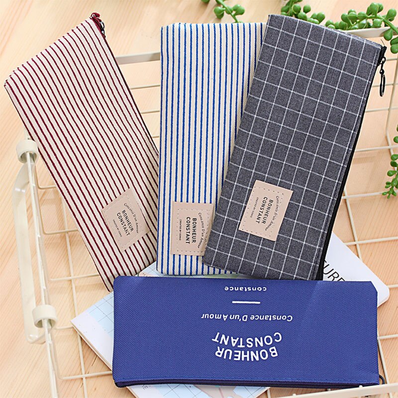 canvas gray Grid Pencil Bag red blue stripe Pencil Bag bonheur constant Pencils Bags navy color