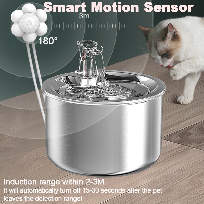 Cat Fountain Automatic Pet Feeder Water Fountain Cat Indoor Water Fountains Stainless Steel Water Dispenser Smart Motion Sensor