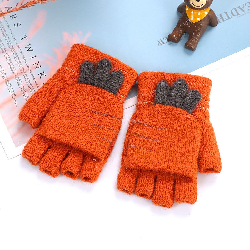 Winter children boys and girls wool gloves 1-5 years old children's knitted half-finger clamshell children's warm and cute 2ST5: Orange