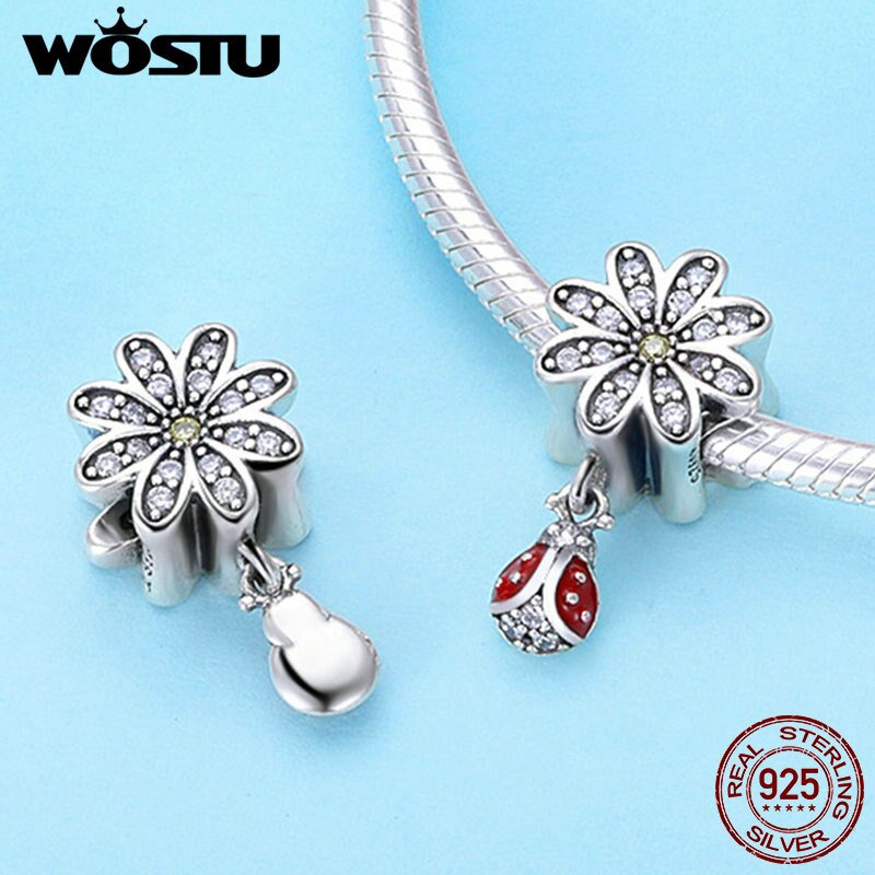 Wostu 925 sterling silver daisy & ladybug dingla charm passar original gör-det-själv pärlor armband smycken göra cqc 727