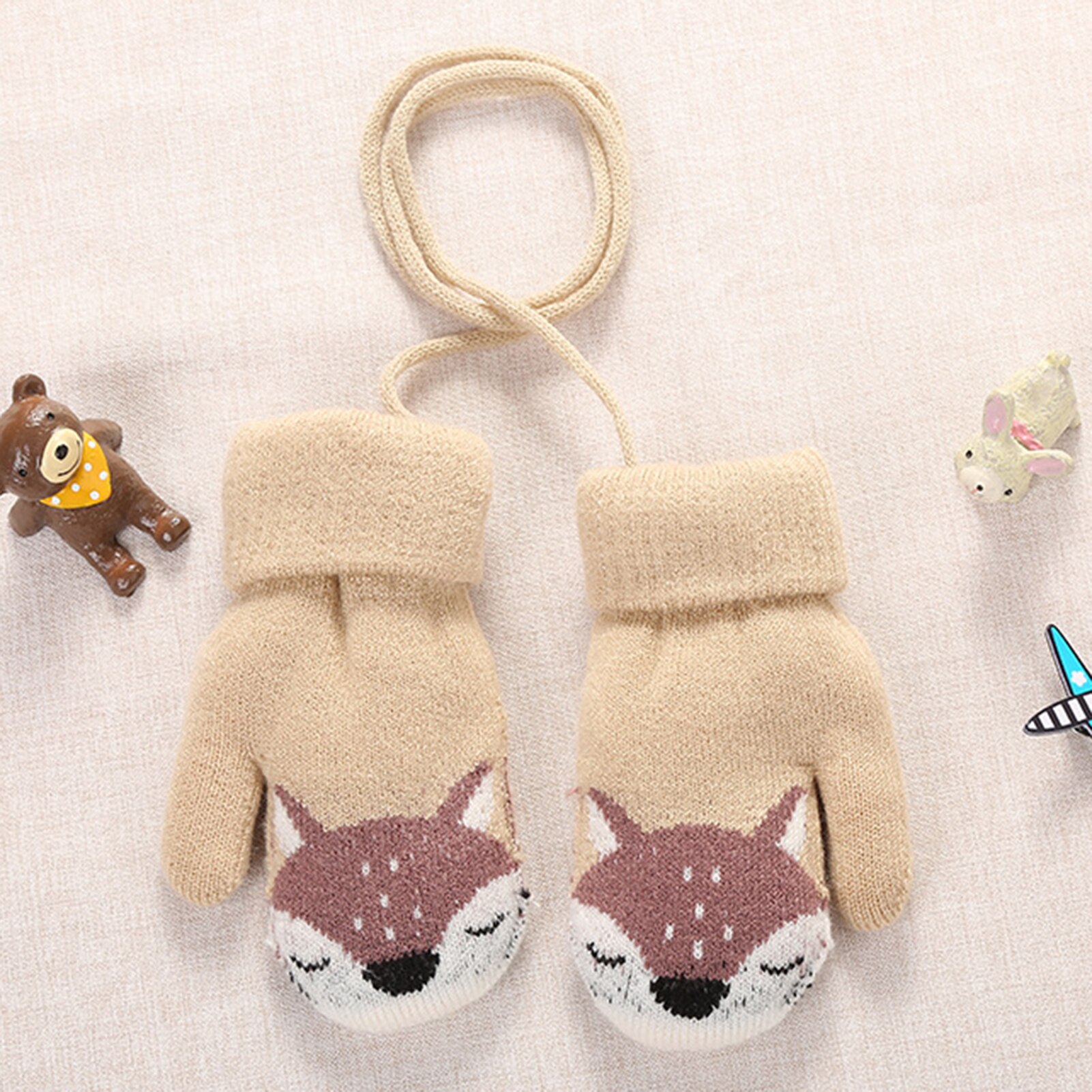 Kinderen winter dikke warme schattige cartoon vos dubbellaags gebreide handschoenen wanten met touw hang handschoenen aan kindernek