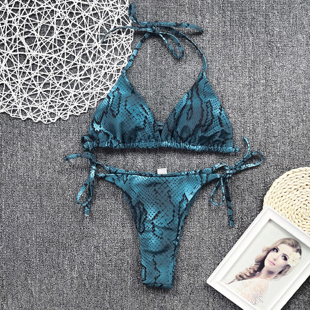 40 # femminile a vita alta costume da bagno bikini impostato pelle di serpente stampa appeso collo coulisse costumi da bagno costumi da bagno Купальник