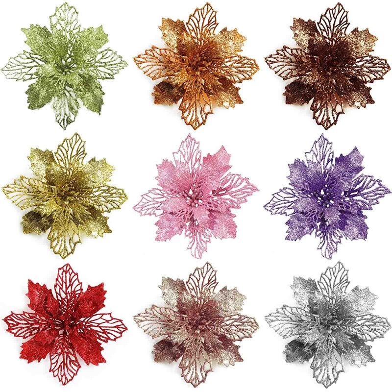 11Cm Kerst Glitter Poinsettia Bloem Decoratieve Xmas Boom Bloemen Voor Krans 2022