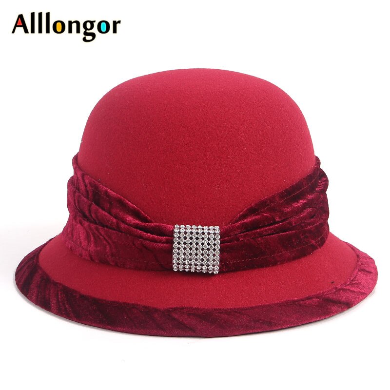 Red Bottom Fedora Hat Women French Autumn Winter Crystal Dome Cap Normal Wool Bowler Felt Hats Chapeau Femme Hiver: Red
