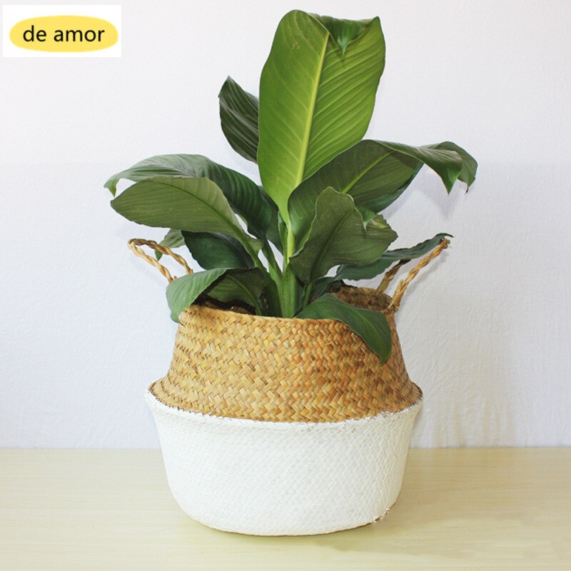 Storage Basket Wicker Planter Flower Baskets Laundry Storage Decorative Basket Pot Rattan Flower Planters Household OrganizerM18: White Bottom