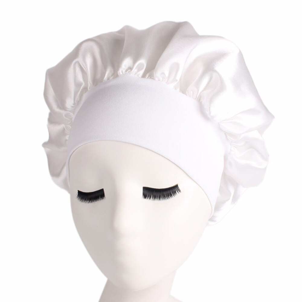 Solid Color Long Hair Care Women Satin Bonnet Cap Night Sleep Hat Silk Head Wrap Adjust Shower Caps Knitted Cap 58cm: 3
