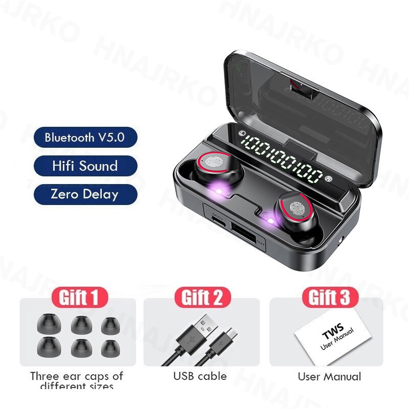 Bluetooth-oortelefoons, 2000 mah, draadloze hoofdtelefoon met microfoon, waterdichte sportoordopjes, mini-zaklamp, oordopjes met touchbediening.: Zwart