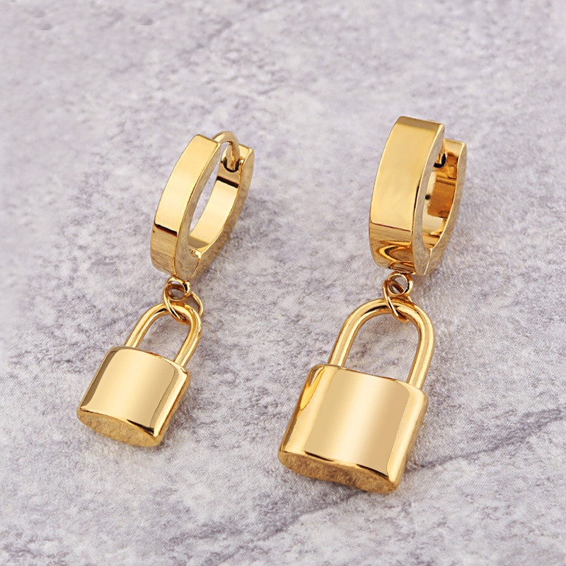 lock Shaped Stainless steel Stud Earrings For Women Punk Hip Hop Style Ear Jewelry Party 1 pair