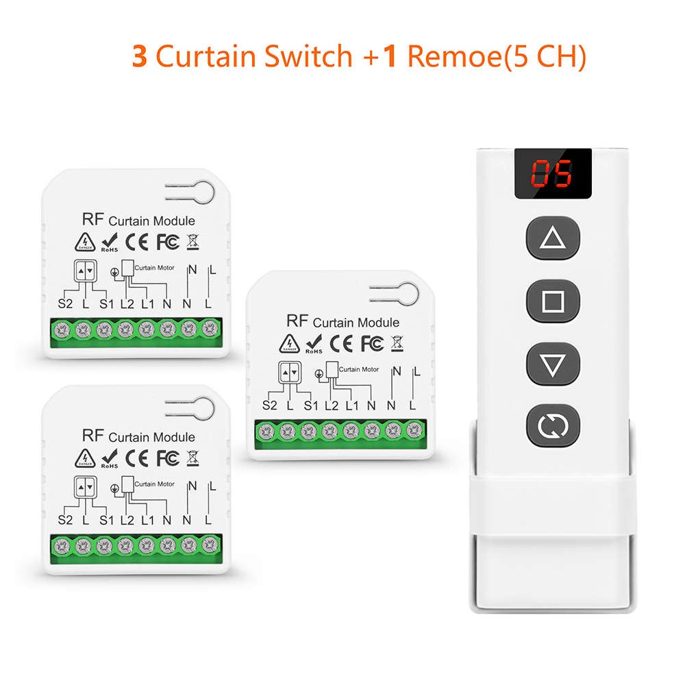 433Mhz Curtain Roller Shutter Wireless Switch and 5-in-1 Transmitter 110V 220V RF Module for Remote Control Blind/Awning/Motor: Blue