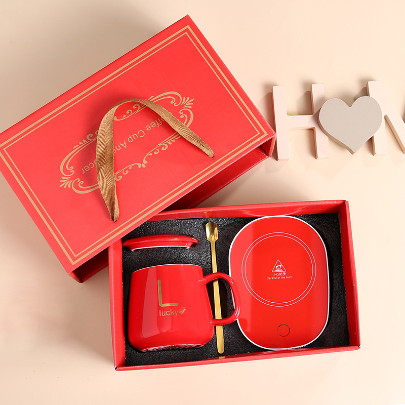 Set de de Navidad: 55 ° Taza de cerámica con retención de calor C con tapa y cuchara – Taza de café portátil para uso en oficina o en el hogar: ciruela