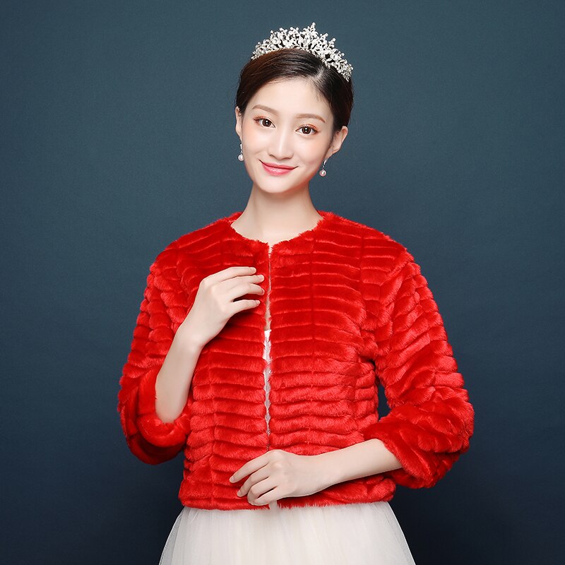 Trouwjurk Accessoires Faux Fur Bruiloft Jas Wrap Bolero Bolero Rood Roze Herfst Winter Jas Dikke Warme Bont Bruiloft Jassen: Rood