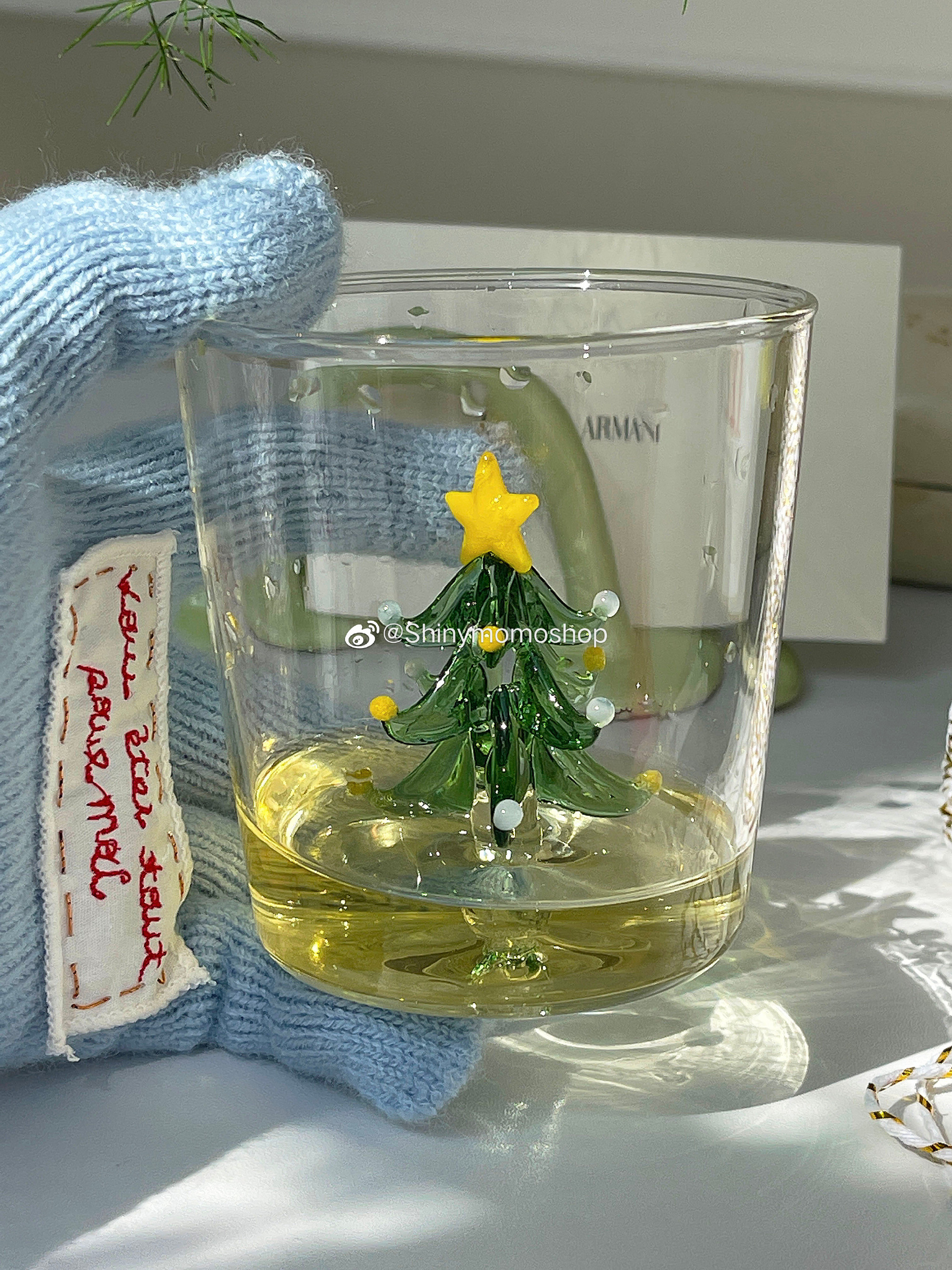 Koreaanse INS-stijl kerstwijnglas, vakantieglas, feestelijke boomdecoratie, in geschenkverpakking met hoge steel voor Kerstmis: Geel