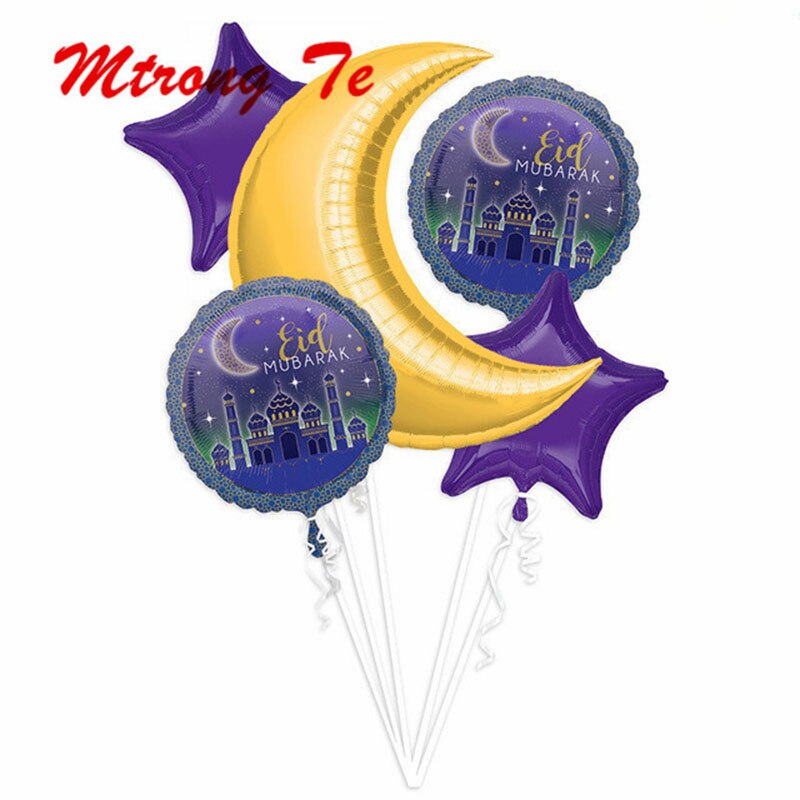 5pcs 18inch Round Eid Mubarak Foil Balloons Mubarak Decorations Star Moon Helium balloon Ramadan Kareem Eid Al-Fitr Supplies