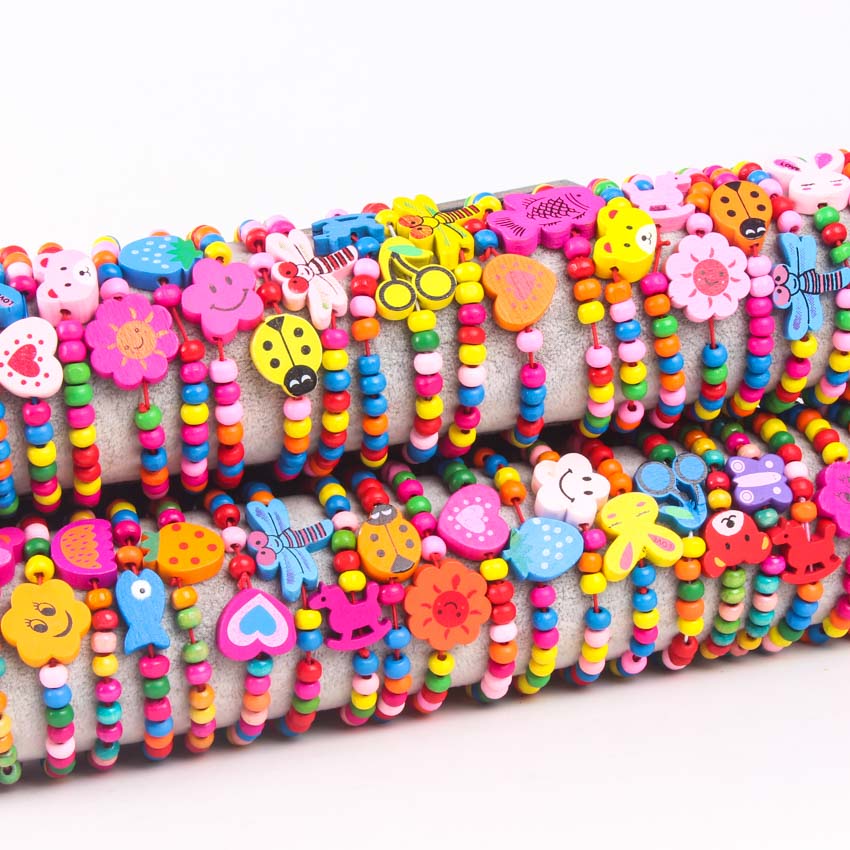 10Pcs Colorful wood beads Mixed lots Wooden Bracelets Wood Kid Girl Boy children Toy Child Party Bag fillers