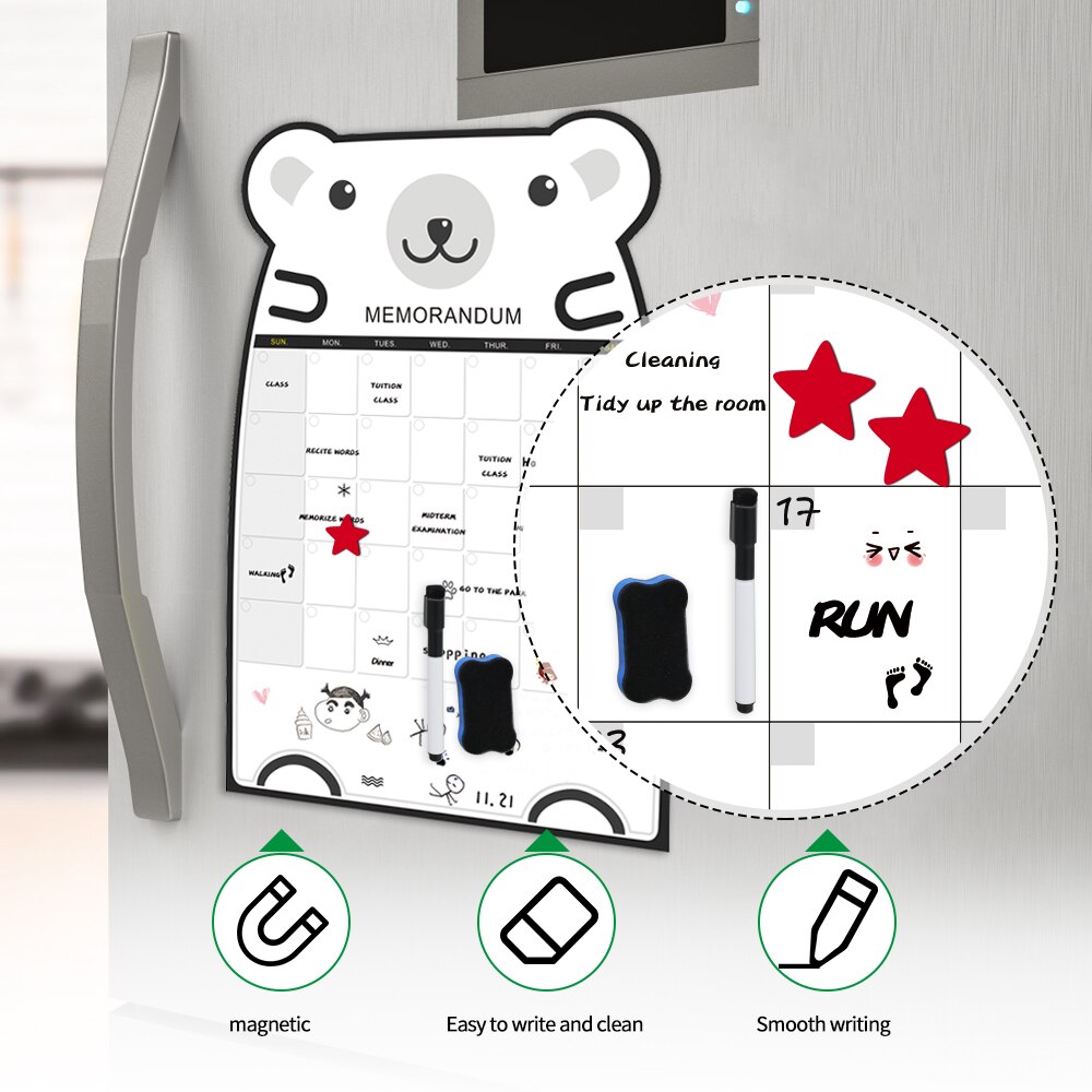 Cute Bear Magnetic Message Whiteboard Office Remind Memo Pad Fridge Magnet To do list Calendar Monthly Daily Planner with Marker