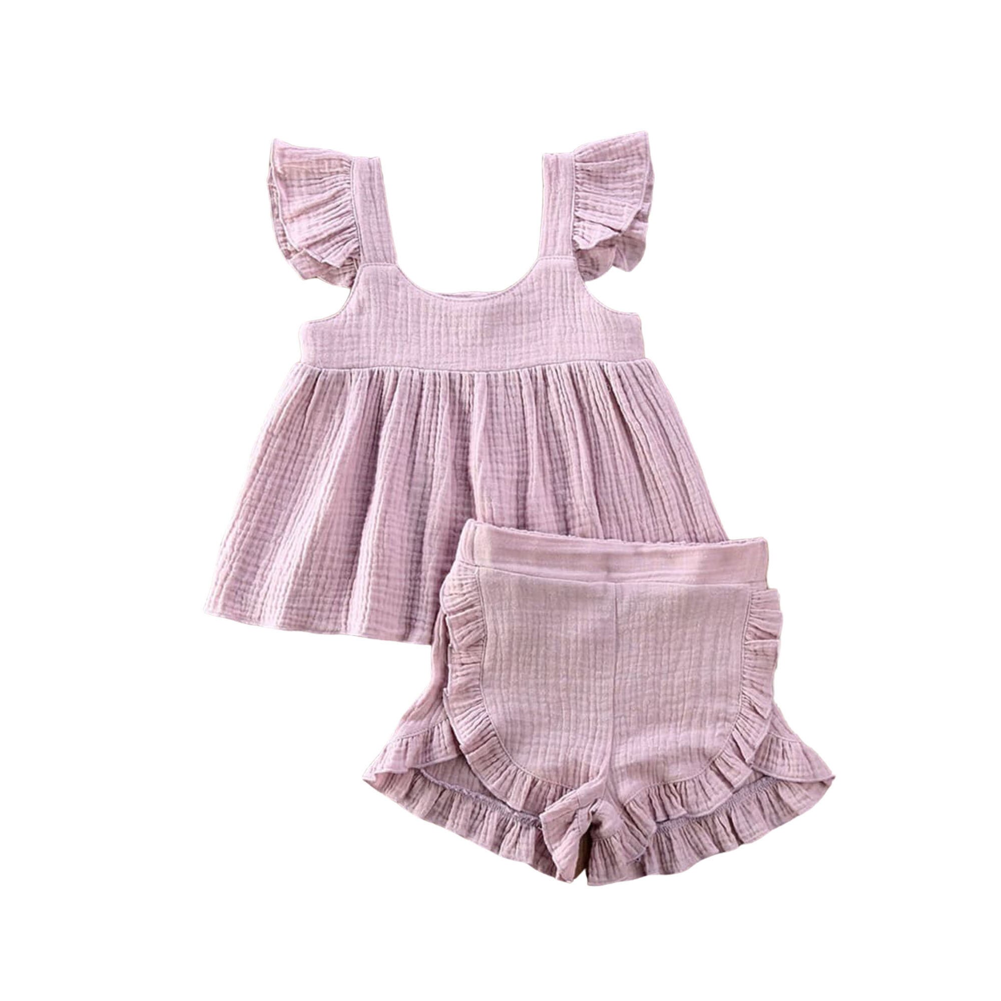 Vêtements d'été pour bébés, ensemble de 2 pièces pour bébés filles, en coton et en lin, chemise hauts haut et short en PP, tenue de soleil solide, tendance: VIOLET / 12M