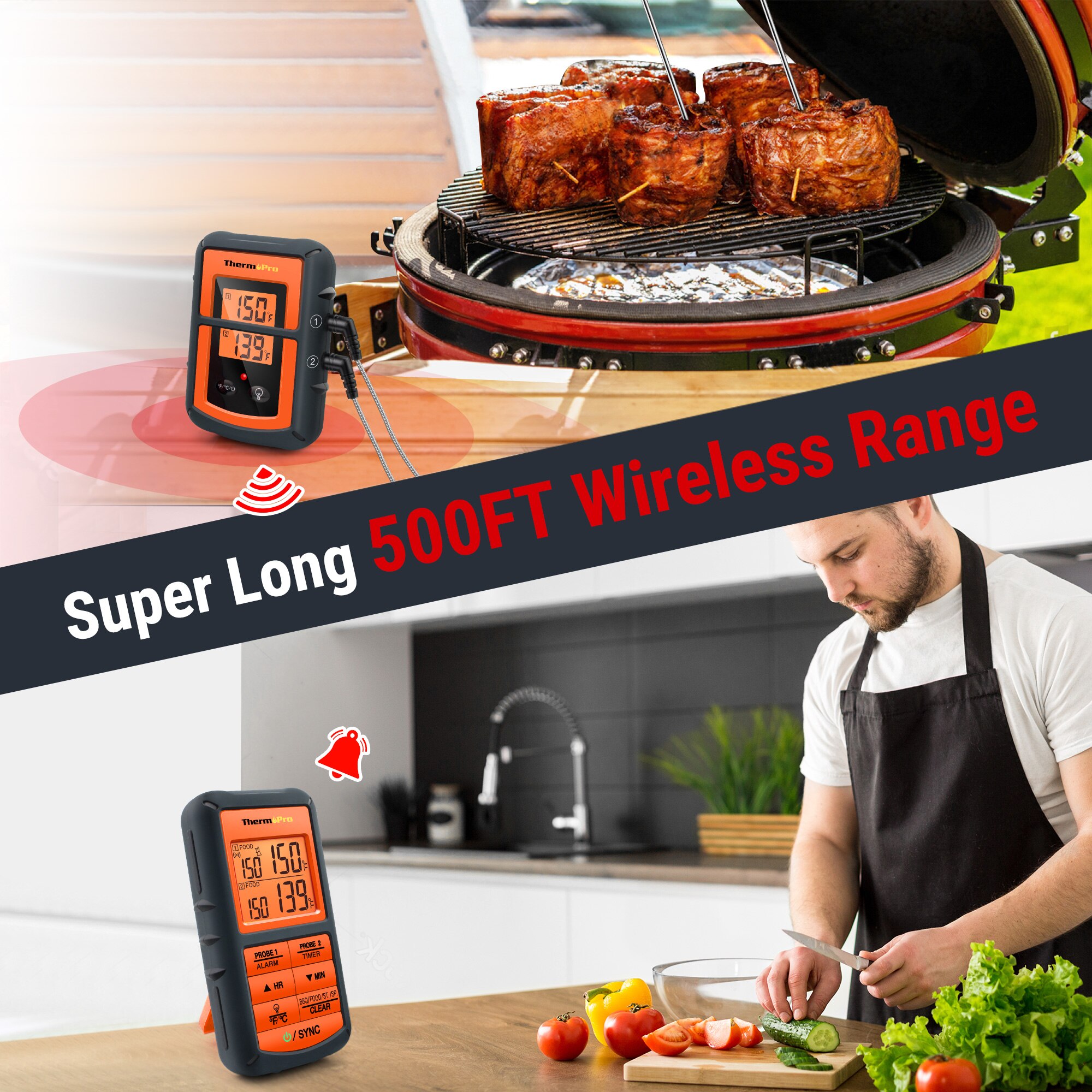 ThermoPro TP08 thermomètre de cuisine numérique, à distance sans fil thermomètre de cuisine numérique-double sonde pour la fumée au BBQ four à gril-moniteur d'aliments/viande