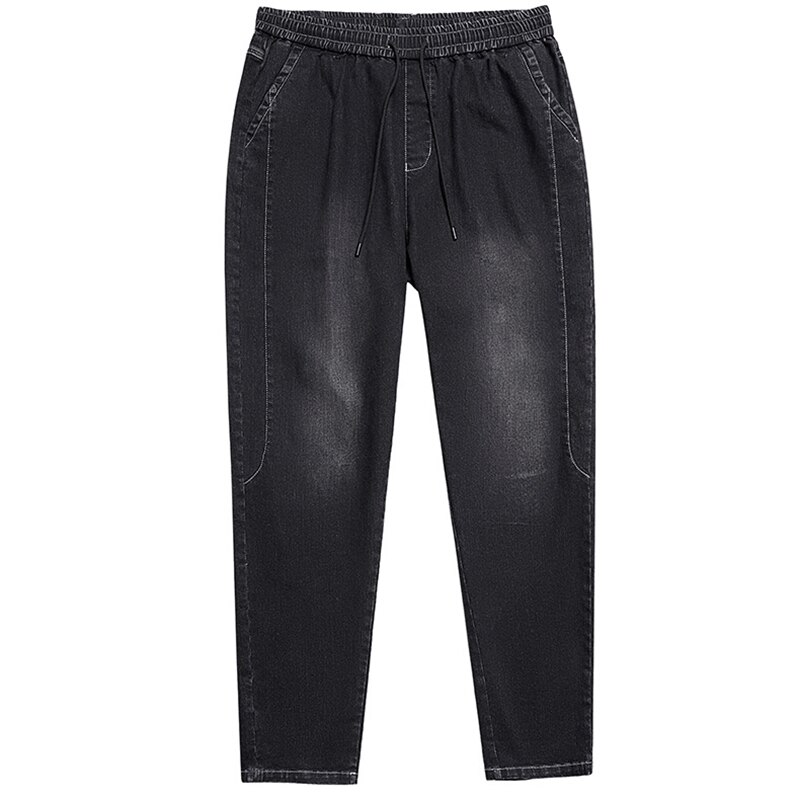 Casual joggingjeans dragsko elastisk midja rynkiga fötter byxor herr jeans haremsbyxor retro blå motorcykel