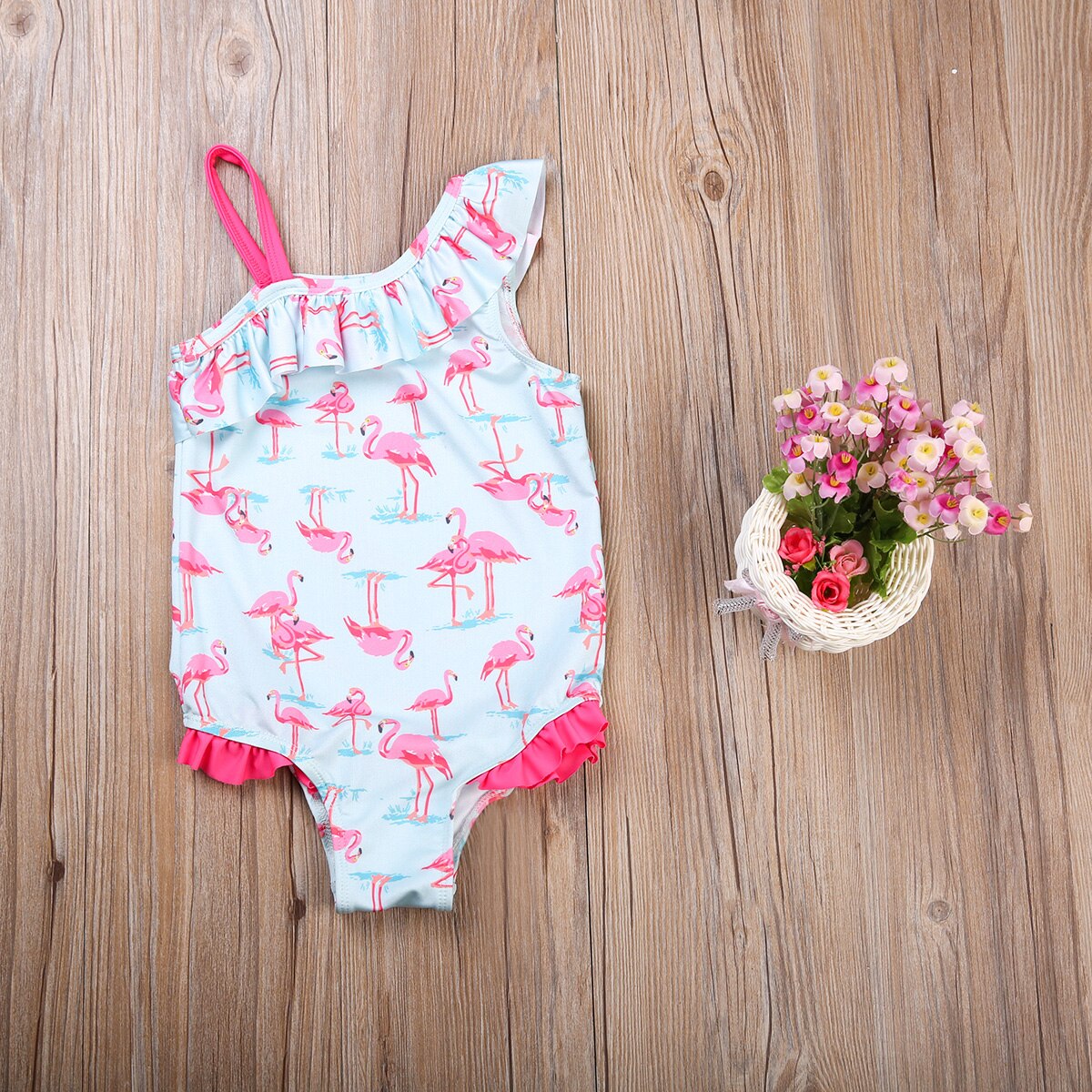 Børn baby piger flamingo badetøj flæsede badedragt en skulder bikini svømmedragt børn svømme bade strand dragt
